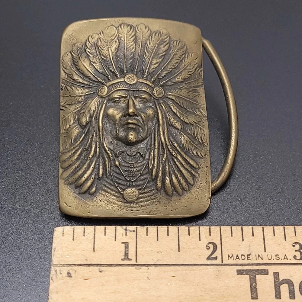 Vintage Solid Brass Native American Chief Belt Buckle Headdress Western Boho